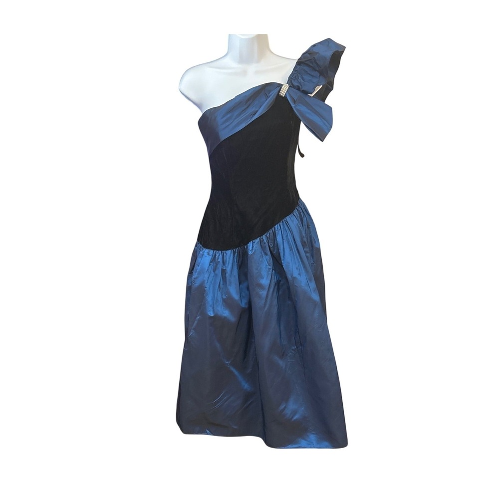80s Roberta California Cocktail Dress Prom Party Glam Retro Velvet Taffeta Blue